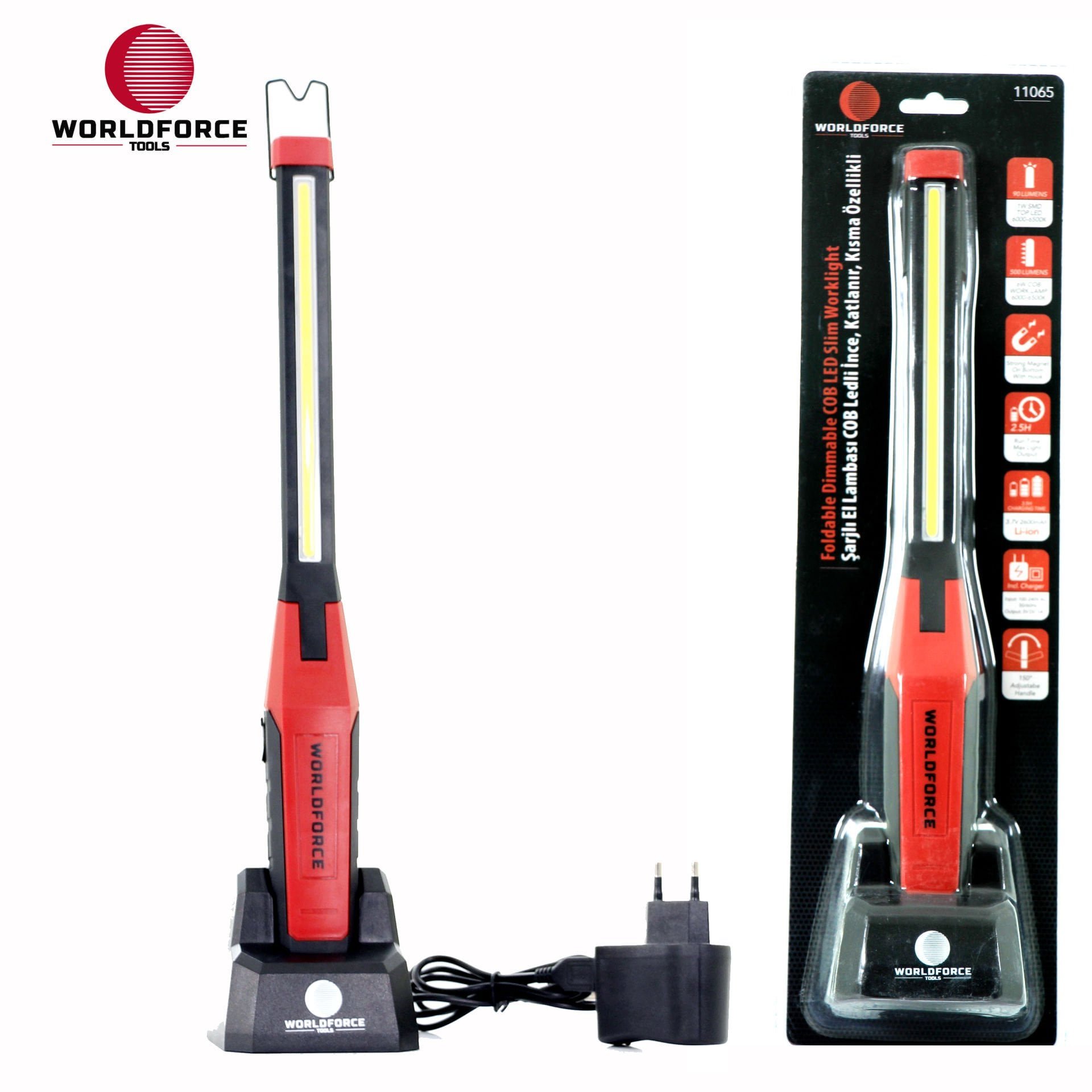 WORLDFORCE Şarjlı El Lambası COB Ledli İnce, Katlanır, Kısma Özellikli, Sehpalı 3.7V 2600mAh
