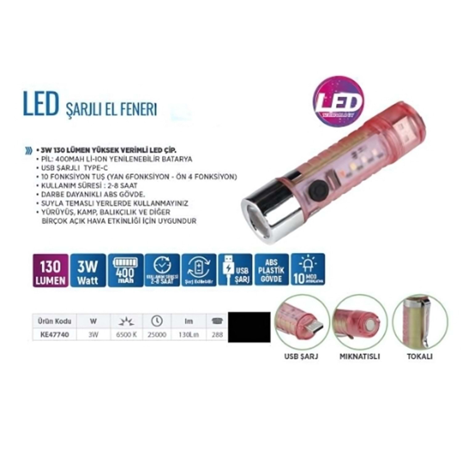 KLAUS 3-400 MA FENER LED - ŞARJLI-3 W PEMBE EL FENERİ